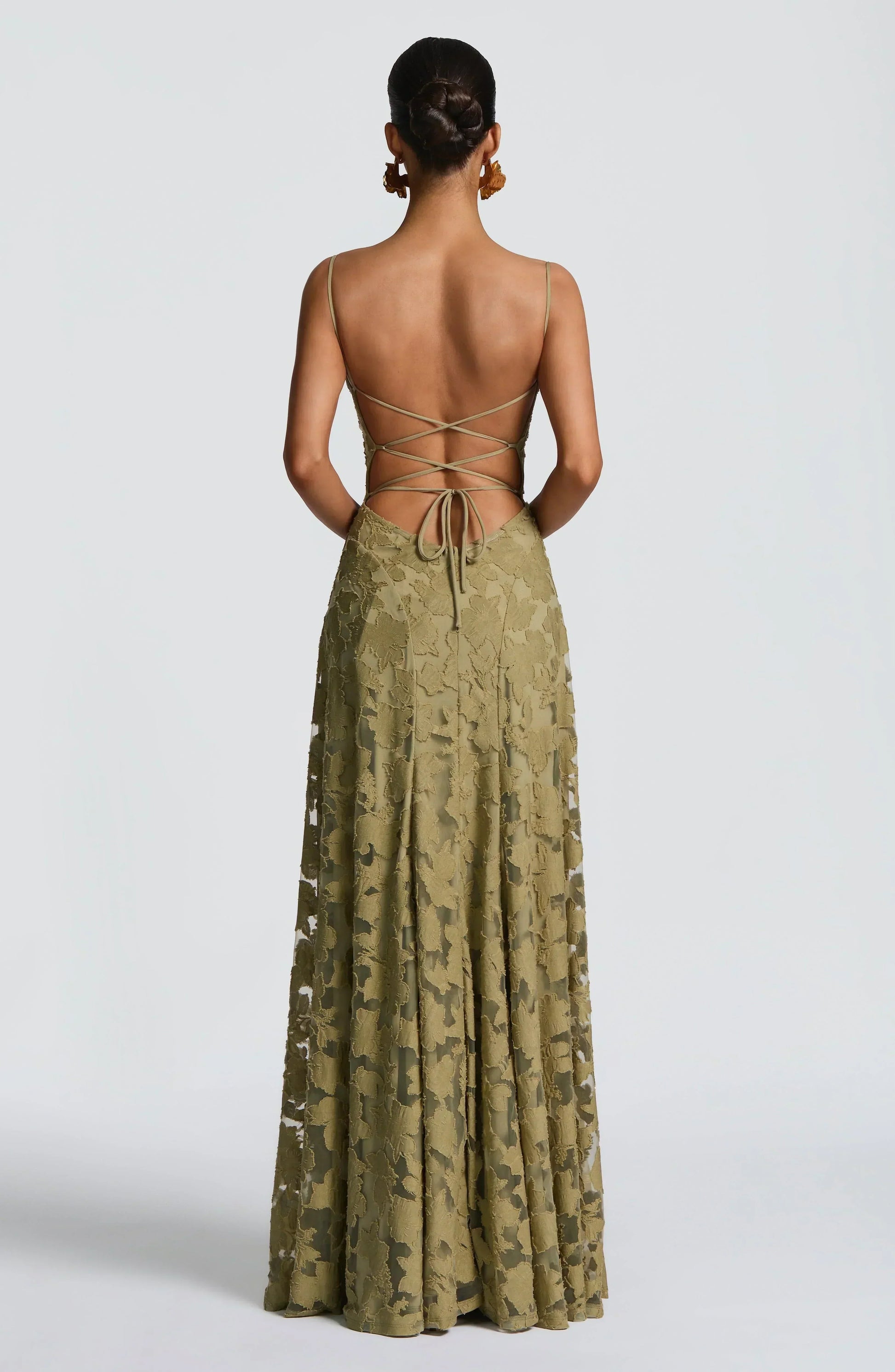 Square Neck Spaghetti Strap 3D Floral Applique Textured Floor Length Gown