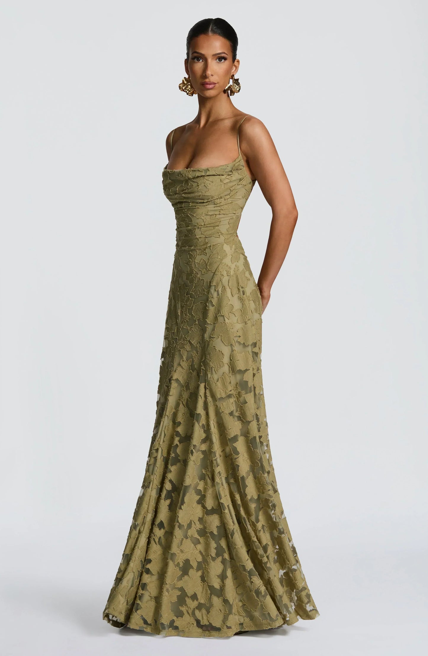 Square Neck Spaghetti Strap 3D Floral Applique Textured Floor Length Gown