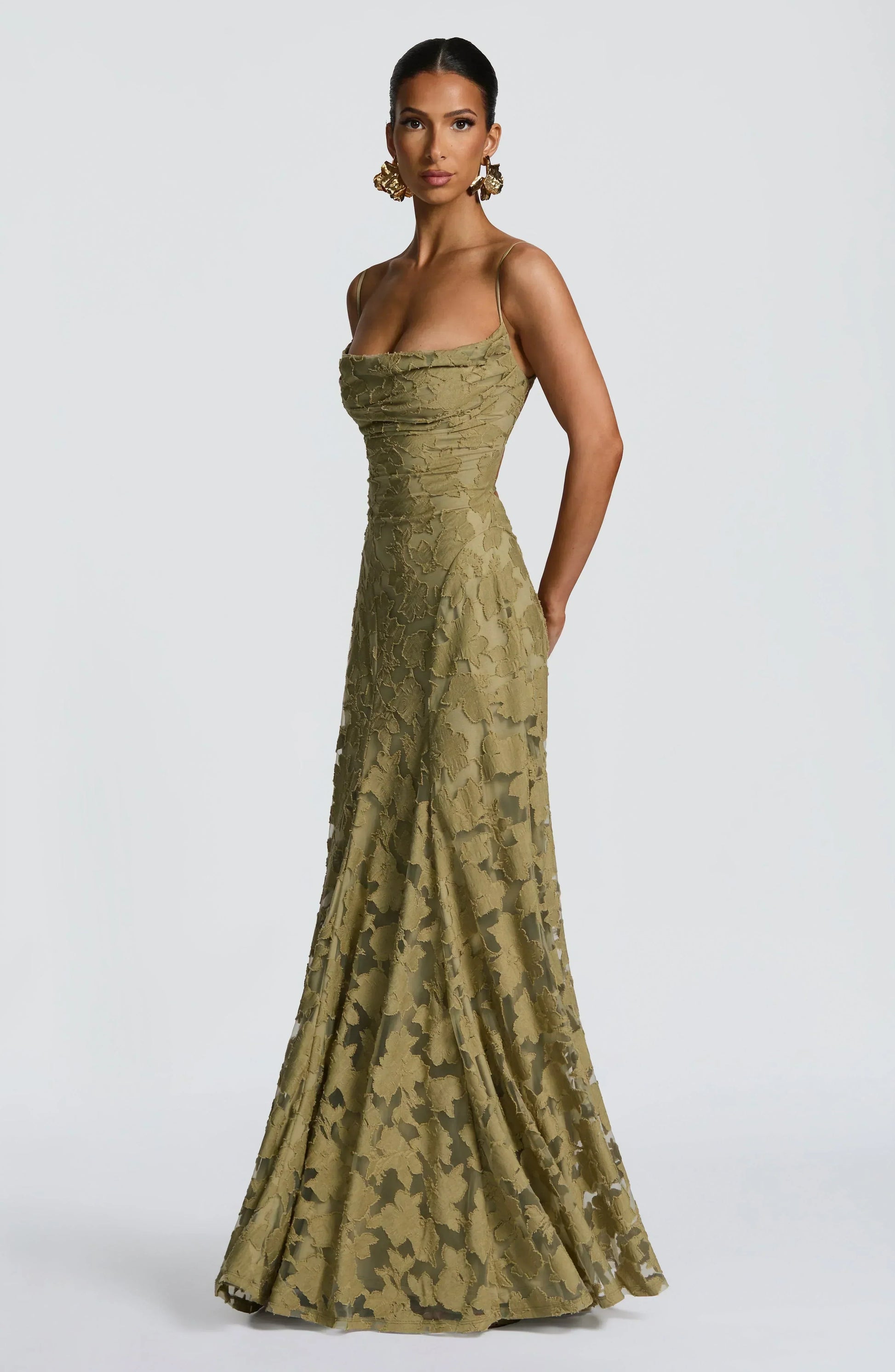Square Neck Spaghetti Strap 3D Floral Applique Textured Floor Length Gown