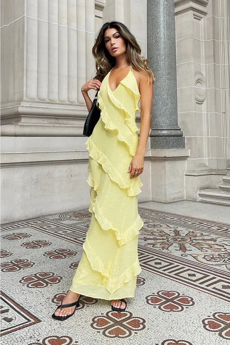 Halter Plunging V-Neck Cascading Ruffle Trim Floor Length Maxi Dress