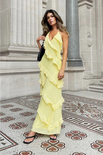 Halter Plunging V-Neck Cascading Ruffle Trim Floor Length Maxi Dress