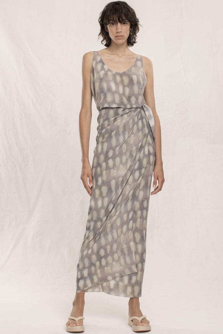 Scoop Neck Sleeveless Abstract Print Wrap Tie Side Maxi Skirt Two-Piece Set