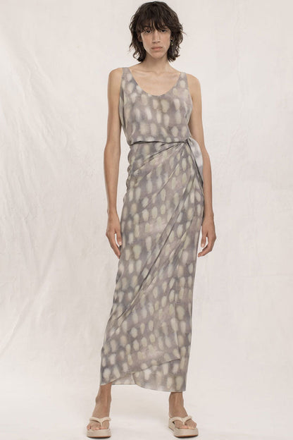 Scoop Neck Sleeveless Abstract Print Wrap Tie Side Maxi Skirt Two-Piece Set