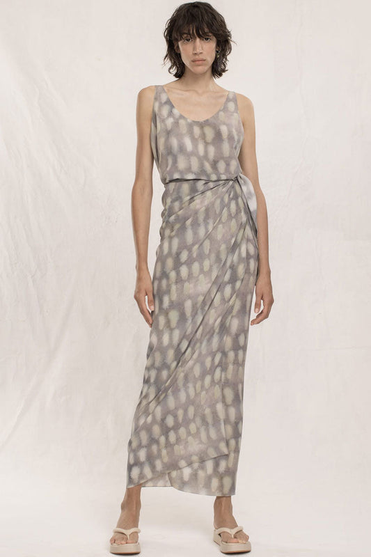 Scoop Neck Sleeveless Abstract Print Wrap Tie Side Maxi Skirt Two-Piece Set