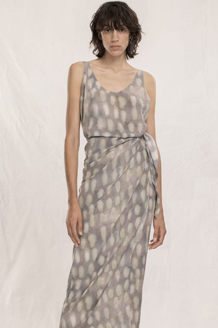 Scoop Neck Sleeveless Abstract Print Wrap Tie Side Maxi Skirt Two-Piece Set