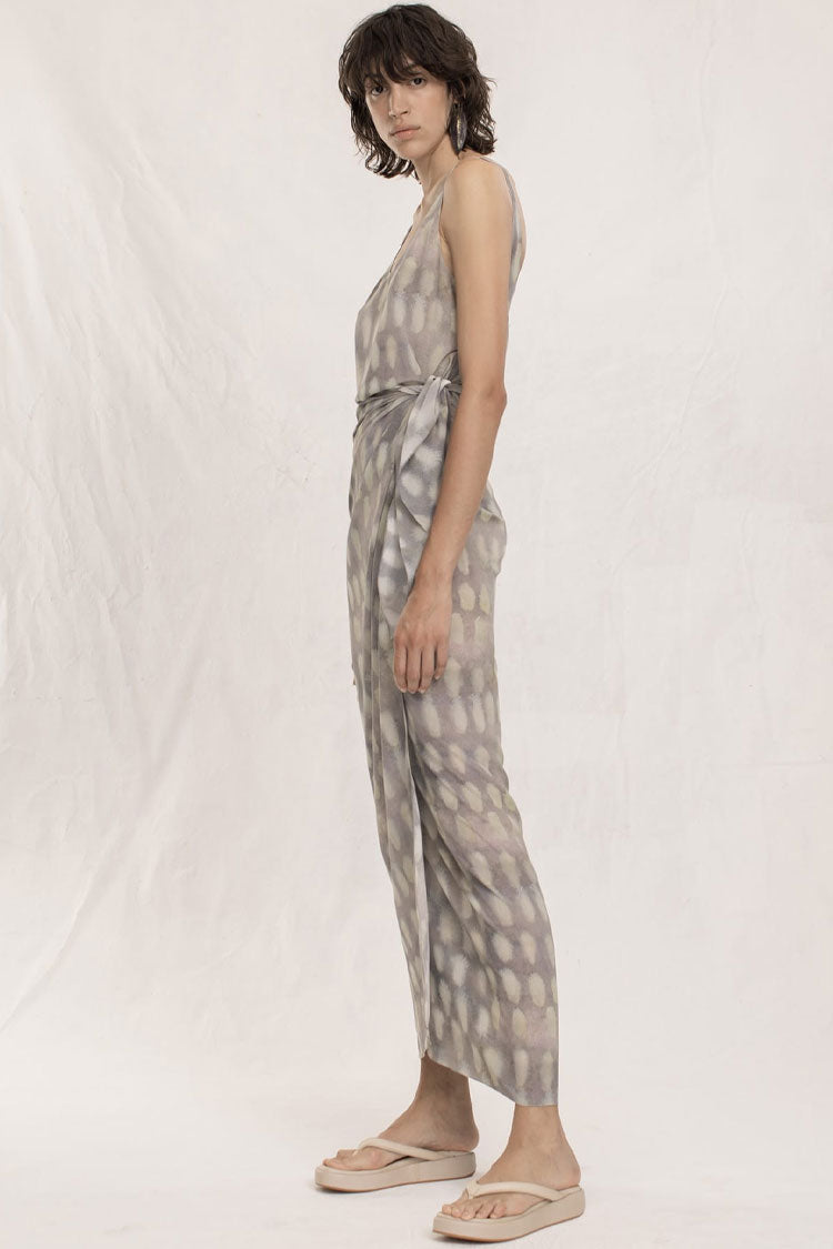 Scoop Neck Sleeveless Abstract Print Wrap Tie Side Maxi Skirt Two-Piece Set