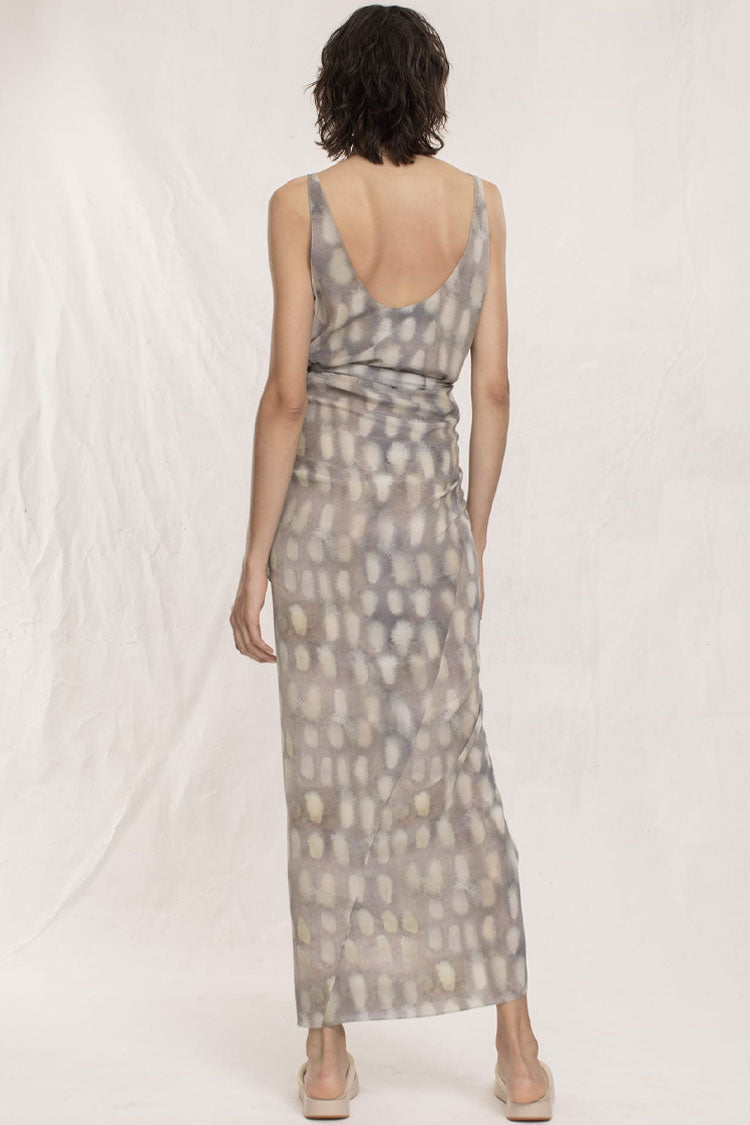 Scoop Neck Sleeveless Abstract Print Wrap Tie Side Maxi Skirt Two-Piece Set
