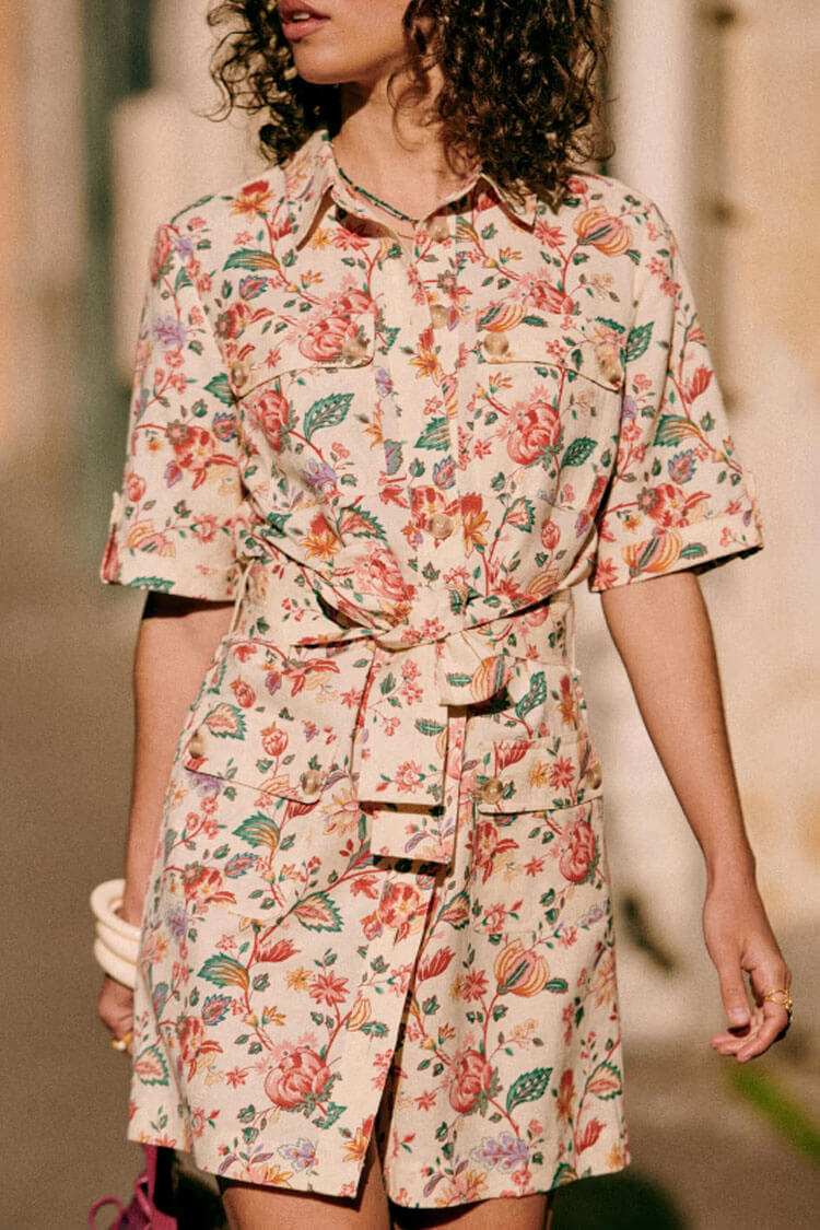Floral Print Short Sleeve Collar Tie Waist Belted Mini Shirt Dress