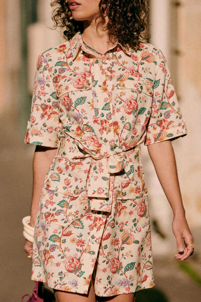 Floral Print Short Sleeve Collar Tie Waist Belted Mini Shirt Dress