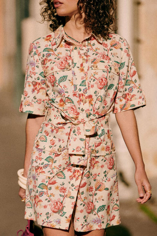 Floral Print Short Sleeve Collar Tie Waist Belted Mini Shirt Dress