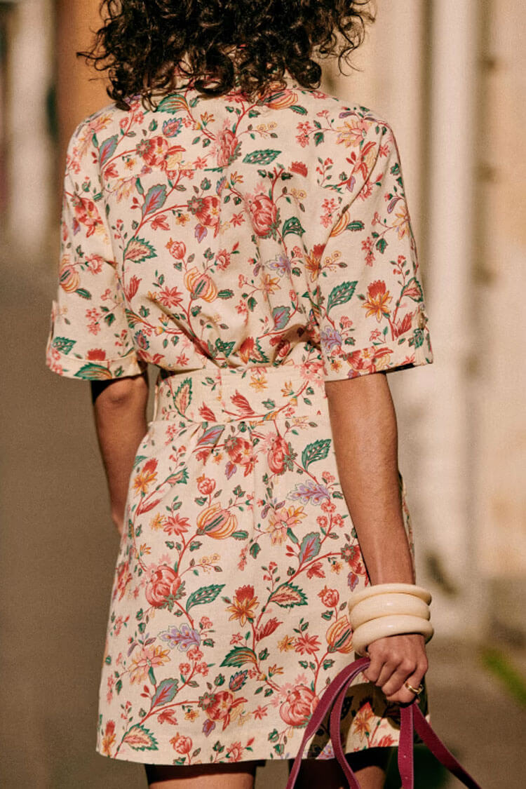 Floral Print Short Sleeve Collar Tie Waist Belted Mini Shirt Dress