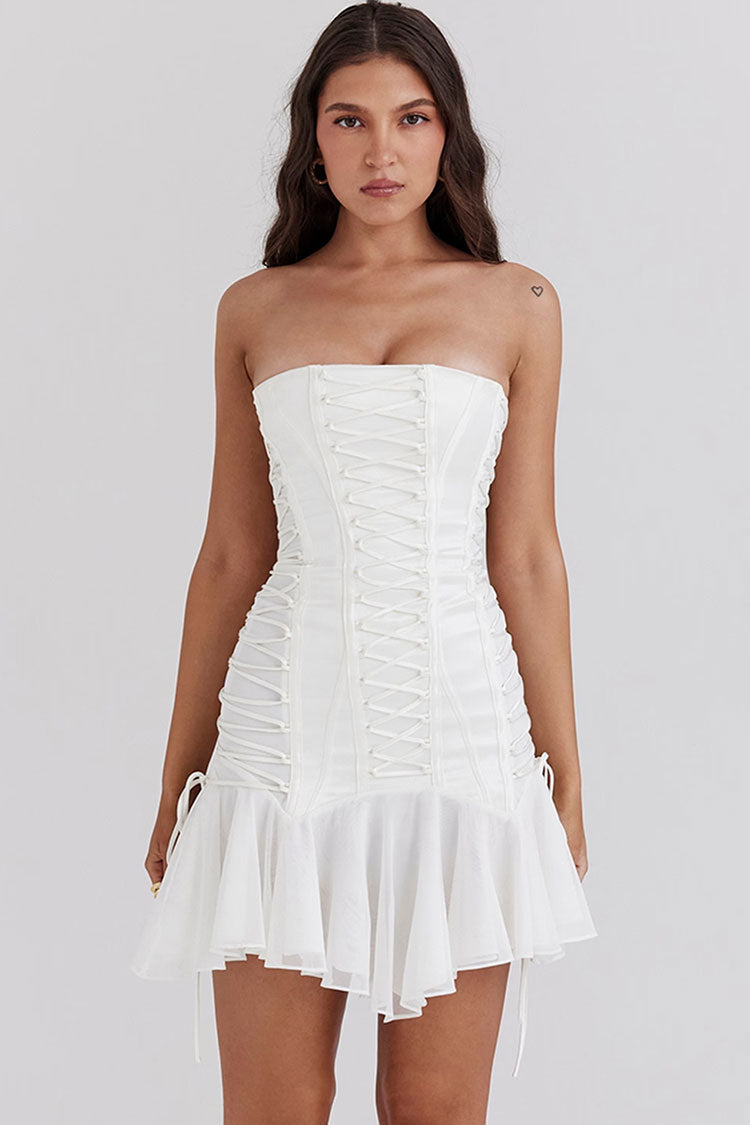 Strapless Corset Front and Side Lace Up Ruffle Hem Tulle Mini Dress