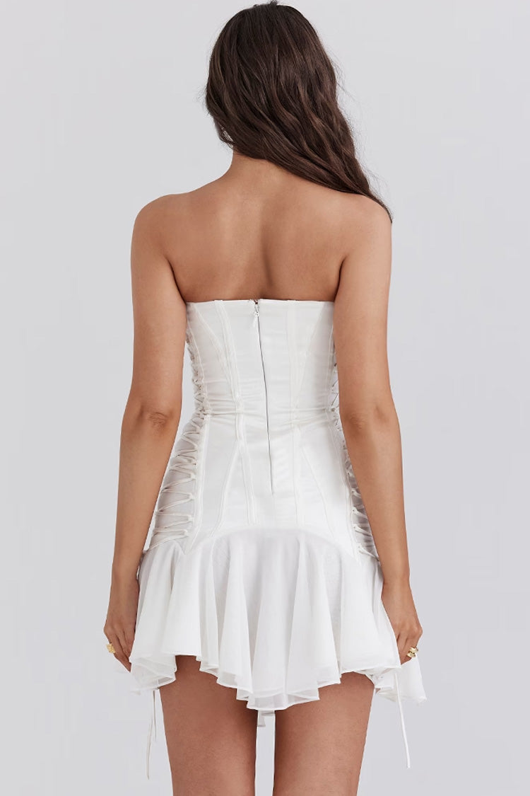 Strapless Corset Front and Side Lace Up Ruffle Hem Tulle Mini Dress