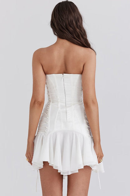 Strapless Corset Front and Side Lace Up Ruffle Hem Tulle Mini Dress
