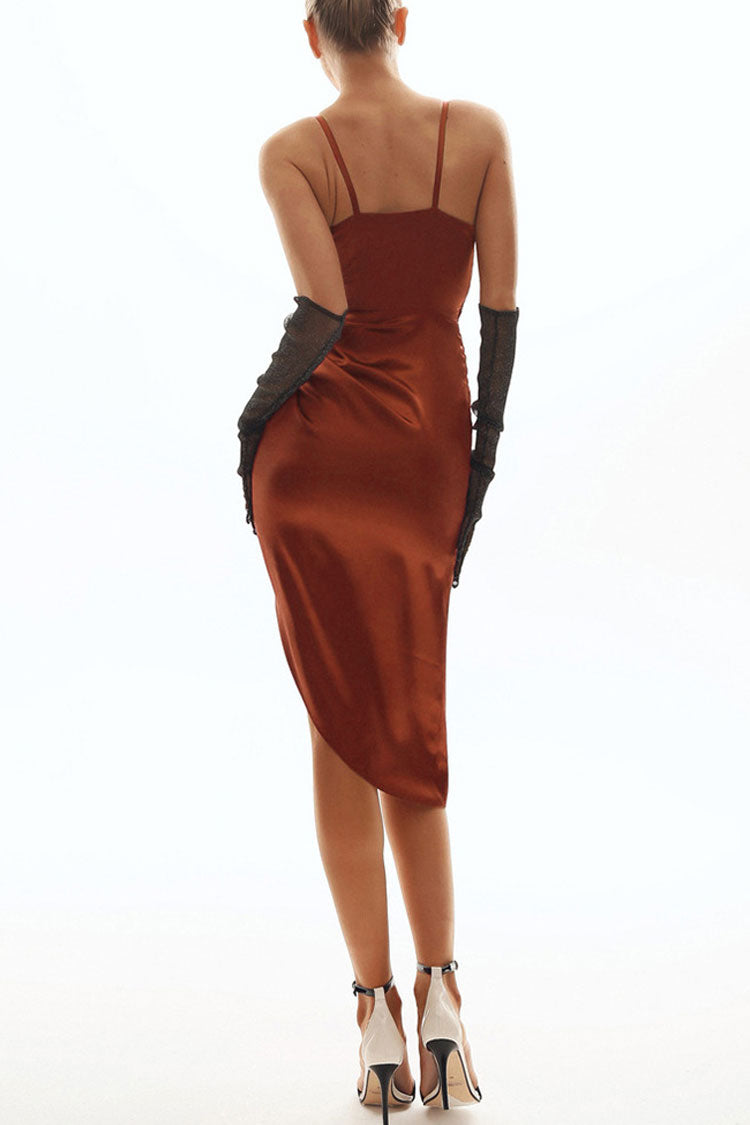 Wrap V-Neck Spaghetti Strap High Slit Draped Midi Dress