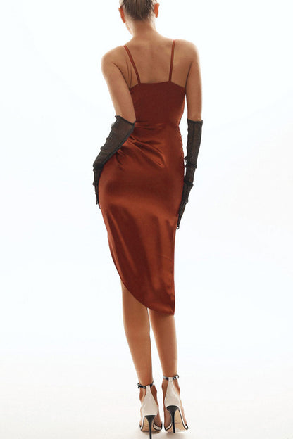Wrap V-Neck Spaghetti Strap High Slit Draped Midi Dress