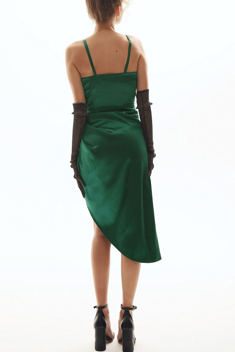 Satin Spaghetti Strap Deep V-Neck Ruched Wrap High Split Slip Midi Dress