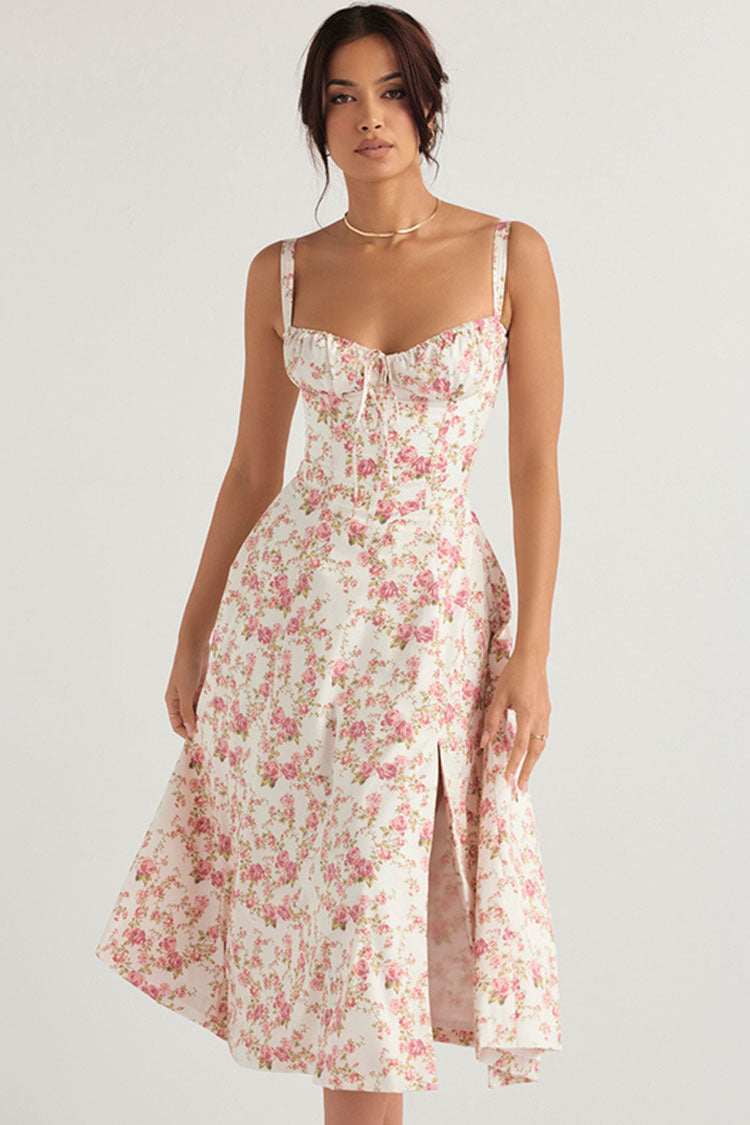Floral Print Bustier Sweetheart Lace Up Tie Front Thigh Slit Midi Dress