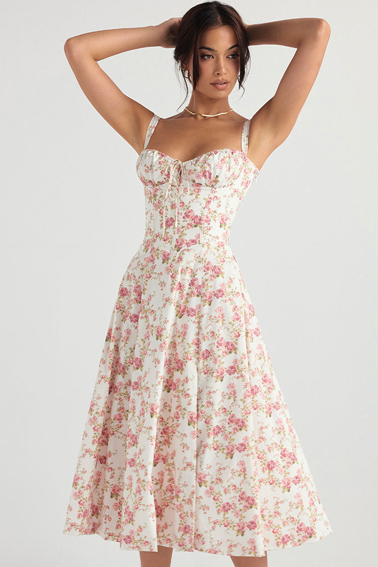 Floral Print Bustier Sweetheart Lace Up Tie Front Thigh Slit Midi Dress