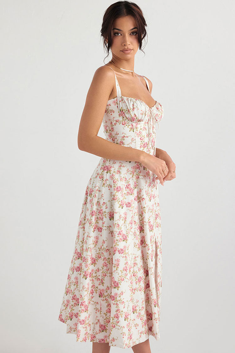 Floral Print Bustier Sweetheart Lace Up Tie Front Thigh Slit Midi Dress