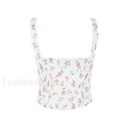 Fresh Tie Front Square Neck Frill Bustier Floral Printed Tank Top - Pink