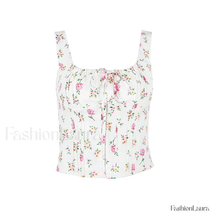 Fresh Tie Front Square Neck Frill Bustier Floral Printed Tank Top - Pink