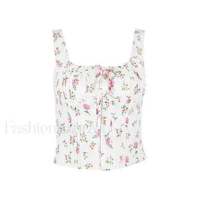 Fresh Tie Front Square Neck Frill Bustier Floral Printed Tank Top - Pink