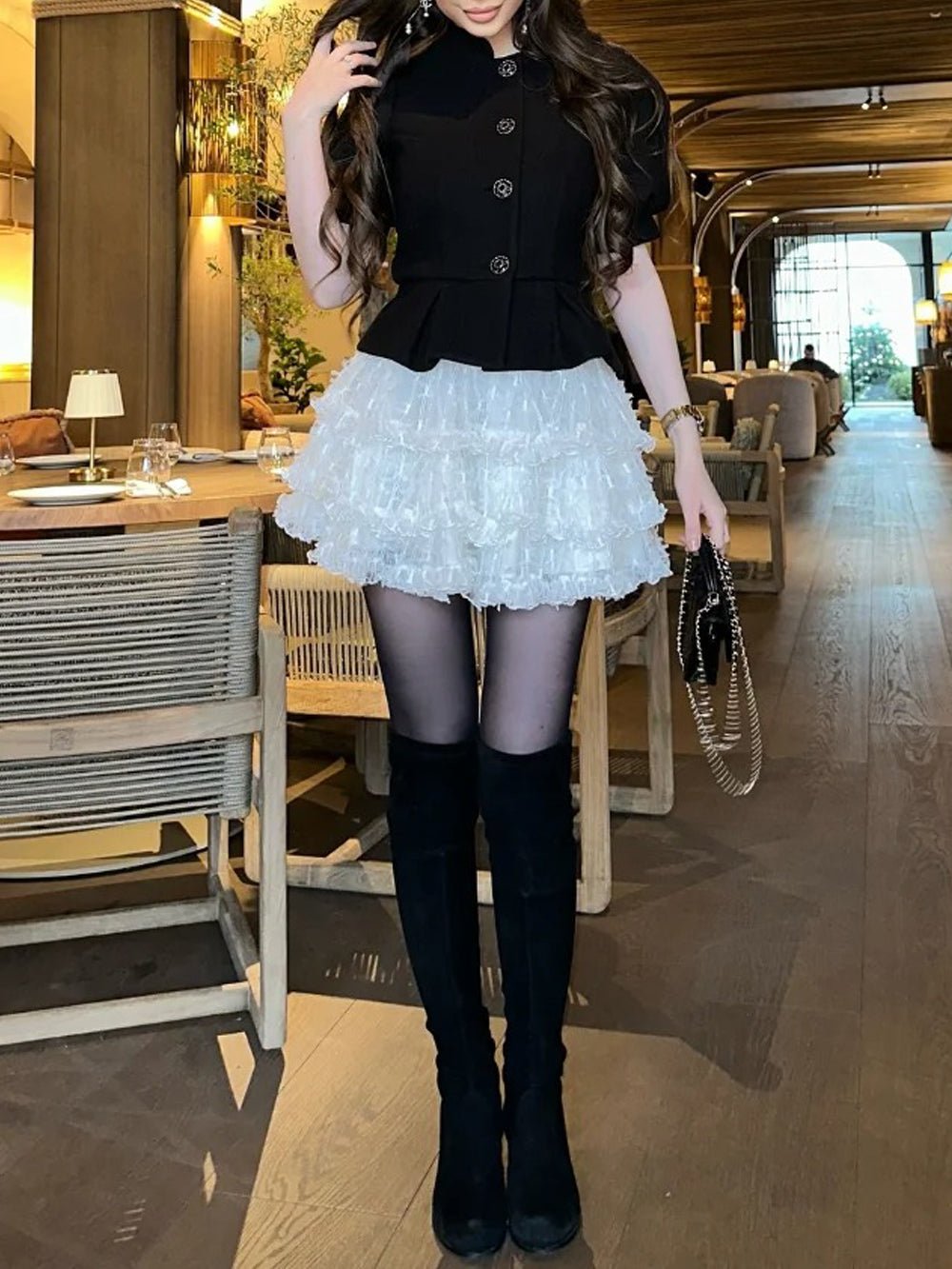 Puff Shoulder Peplum Bodice Tiered Lace Ruffle Hem Mini Dress