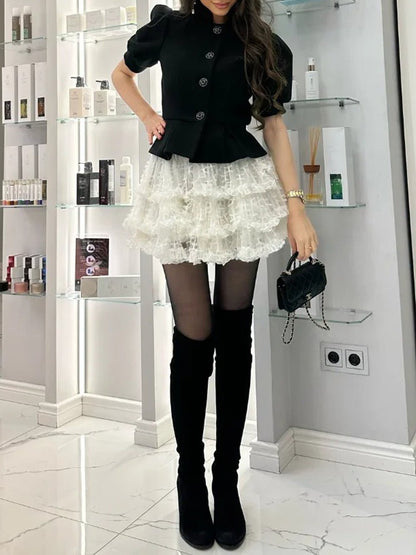 Puff Shoulder Peplum Bodice Tiered Lace Ruffle Hem Mini Dress