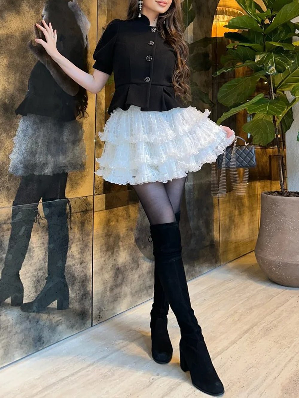 Puff Shoulder Peplum Bodice Tiered Lace Ruffle Hem Mini Dress