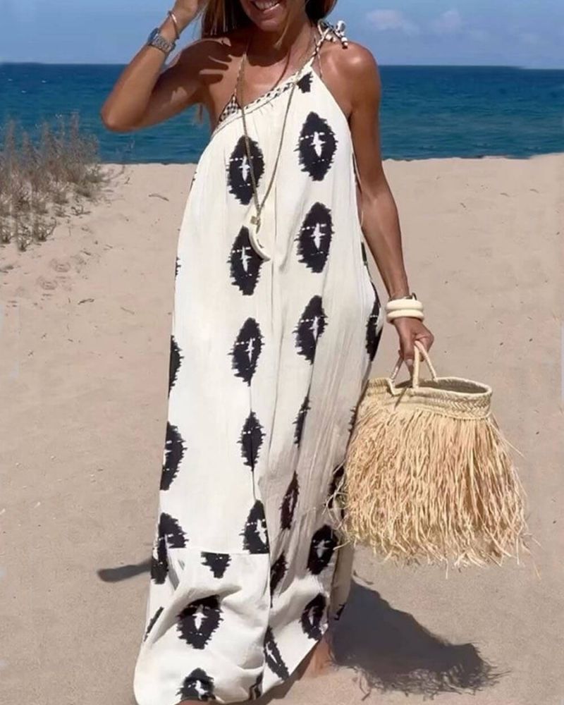 Halter Tie Shoulder Abstract Geometric Print Oversized Maxi Dress