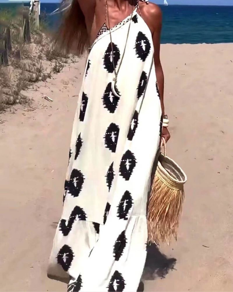 Halter Tie Shoulder Abstract Geometric Print Oversized Maxi Dress