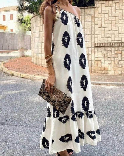 Halter Tie Shoulder Abstract Geometric Print Oversized Maxi Dress