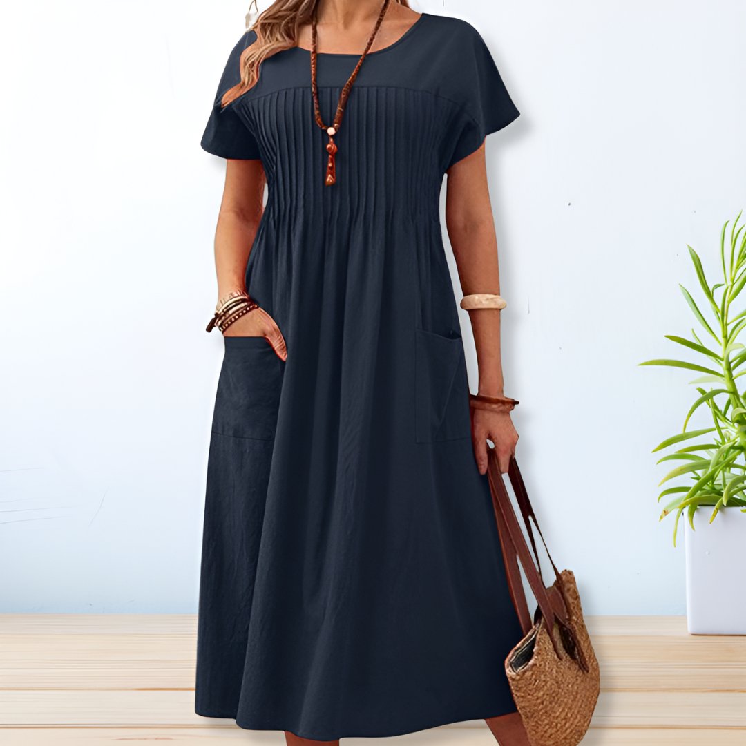 Round Neck Pintuck Pleated Patch Pocket A-Line Maxi Dress
