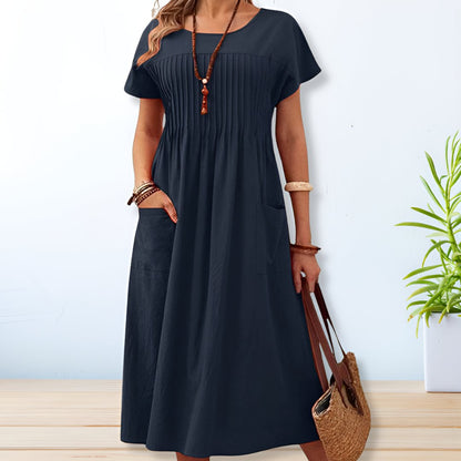 Round Neck Pintuck Pleated Patch Pocket A-Line Maxi Dress