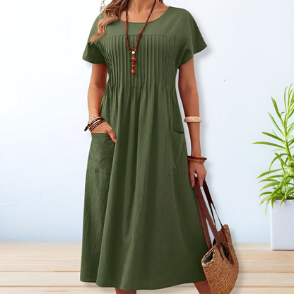 Round Neck Pintuck Pleated Patch Pocket A-Line Maxi Dress