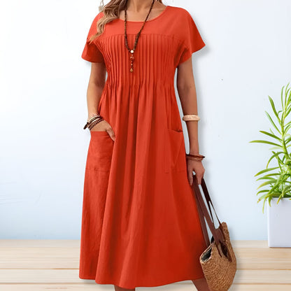 Round Neck Pintuck Pleated Patch Pocket A-Line Maxi Dress