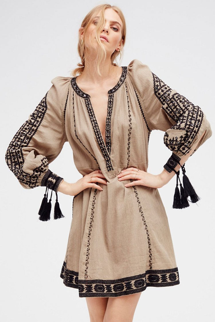 Embroidered V-Neck Tassel Cuff Long Sleeve Boho Mini Dress