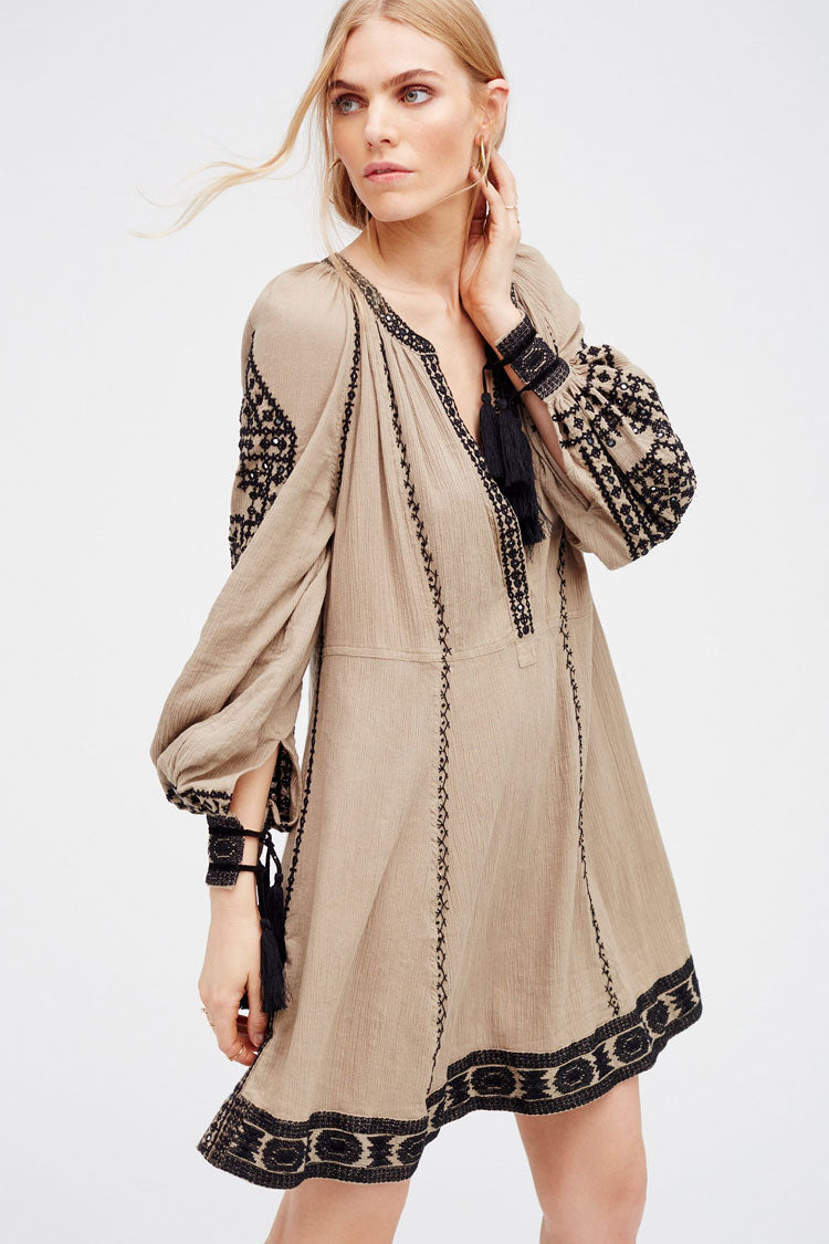 Embroidered V-Neck Tassel Cuff Long Sleeve Boho Mini Dress