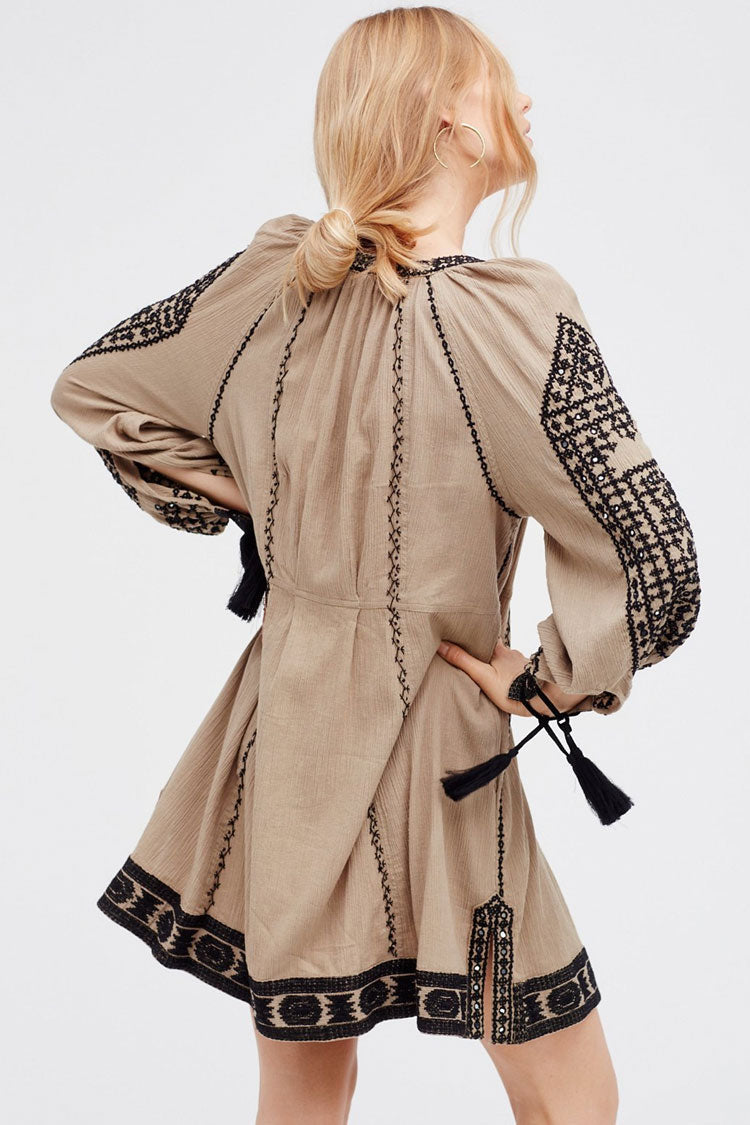 Embroidered V-Neck Tassel Cuff Long Sleeve Boho Mini Dress