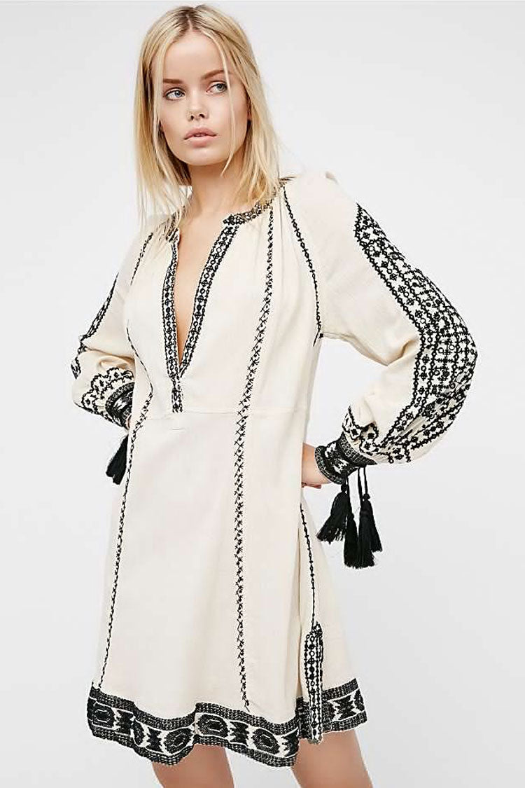 Embroidered V-Neck Tassel Cuff Long Sleeve Boho Mini Dress