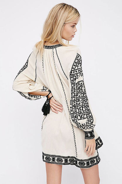 Embroidered V-Neck Tassel Cuff Long Sleeve Boho Mini Dress