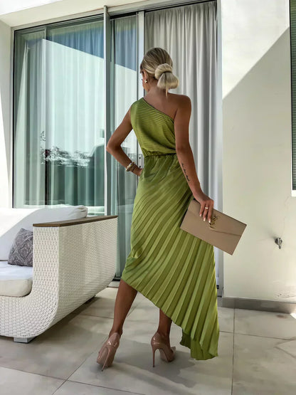 Women's One-Shoulder Pleated Elegant Dress – Flowing Evening Gown