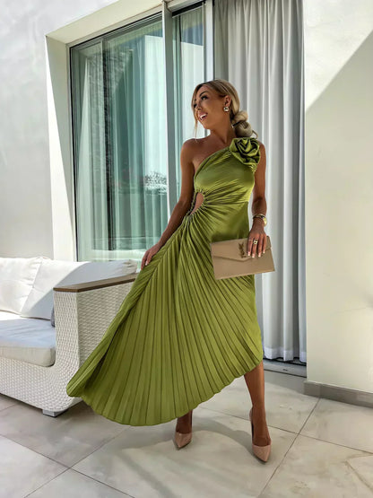 Women's One-Shoulder Pleated Elegant Dress – Flowing Evening Gown