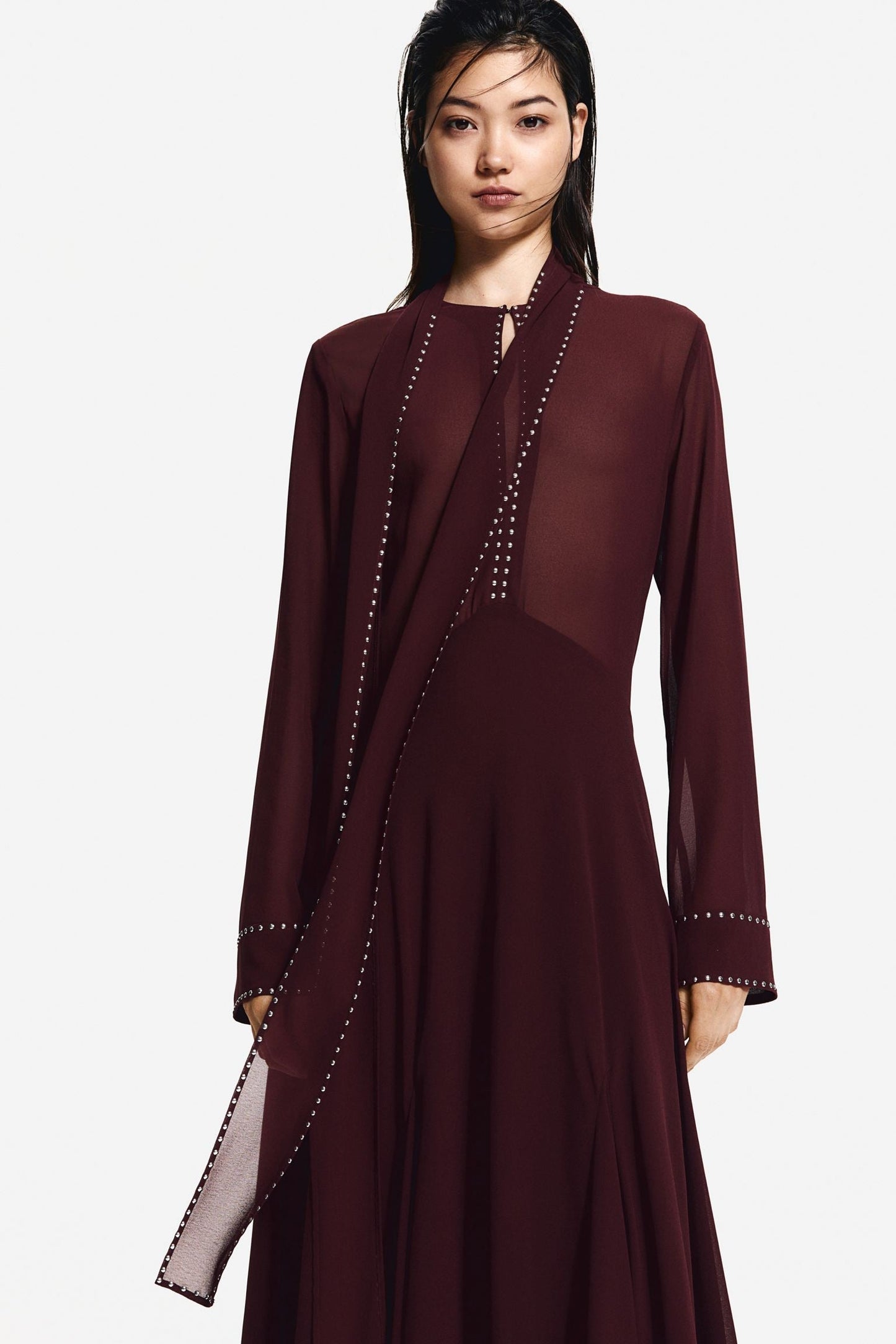 Stud Trim High Neck Tie Scarf Wide Cuff Pleated Skirt Midi Dress
