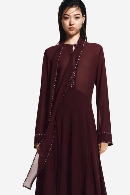Stud Trim High Neck Tie Scarf Wide Cuff Pleated Skirt Midi Dress