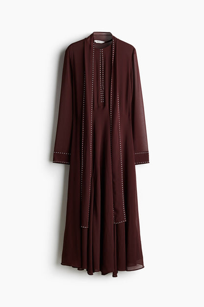 Stud Trim High Neck Tie Scarf Wide Cuff Pleated Skirt Midi Dress
