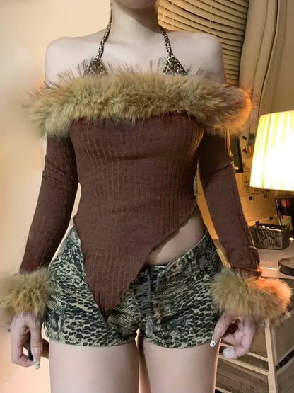 Fur Halter Knit Top