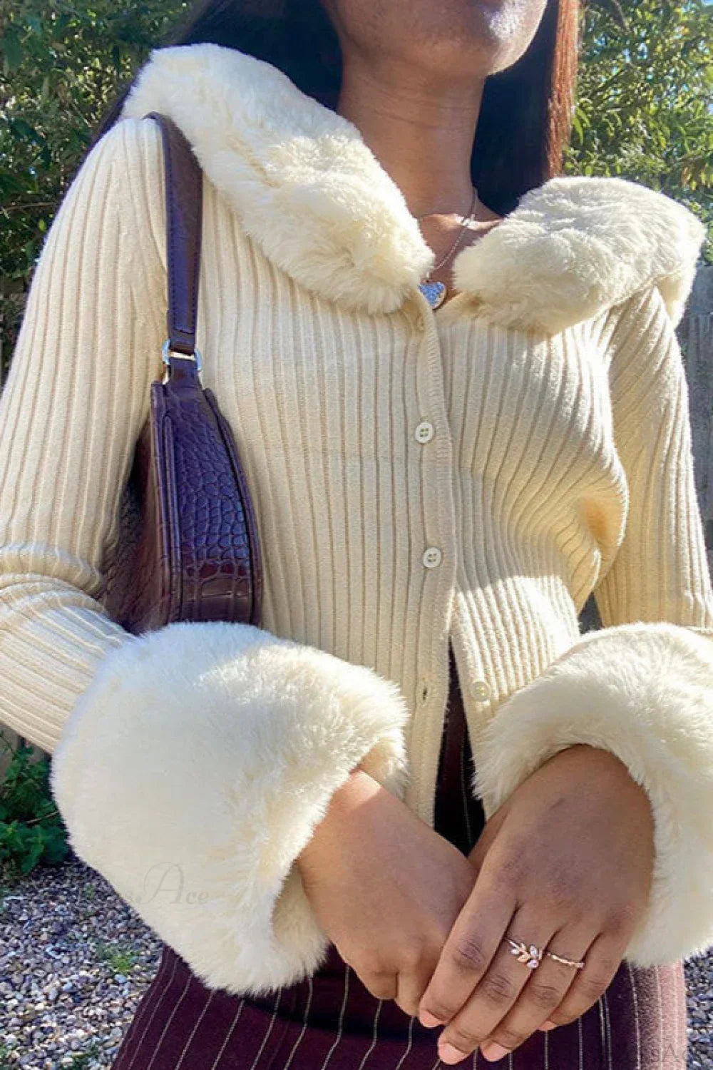 Fuzzy Collar Knit Long Sleeve Cardigan