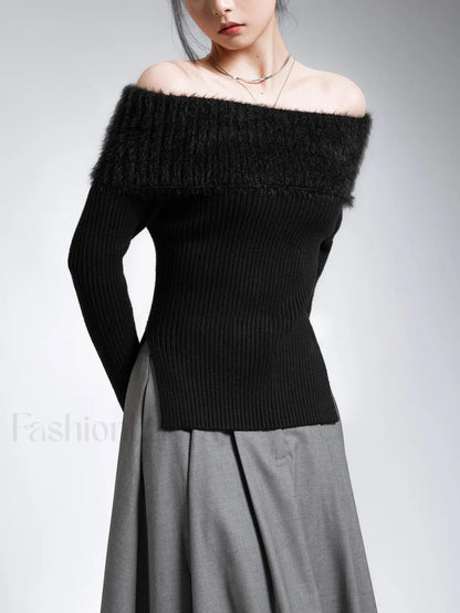 Fuzzy Off Shoulder Ribbed Modern Knit Patchwork Split Sweater